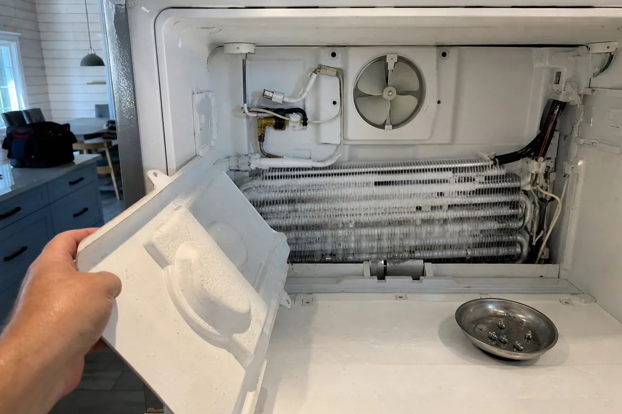 A hand lifting away the rear cover of a cold compartment to expose lightly frosted evaporator coils, a round fan above them and a magnetic dish of screws on the floor