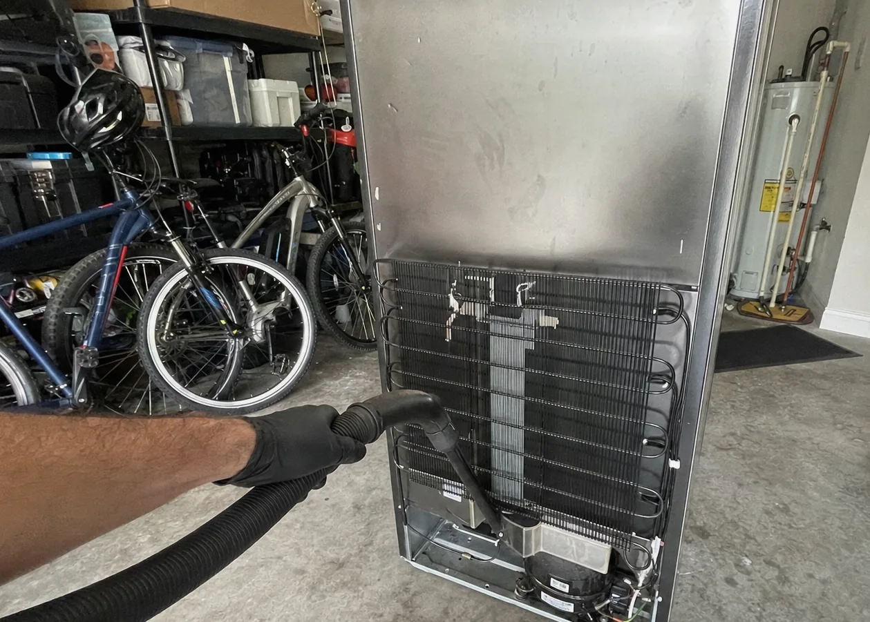 The exposed condenser bay of a garage refrigerator, its fins grey with dust before the vacuum nozzle reaches them