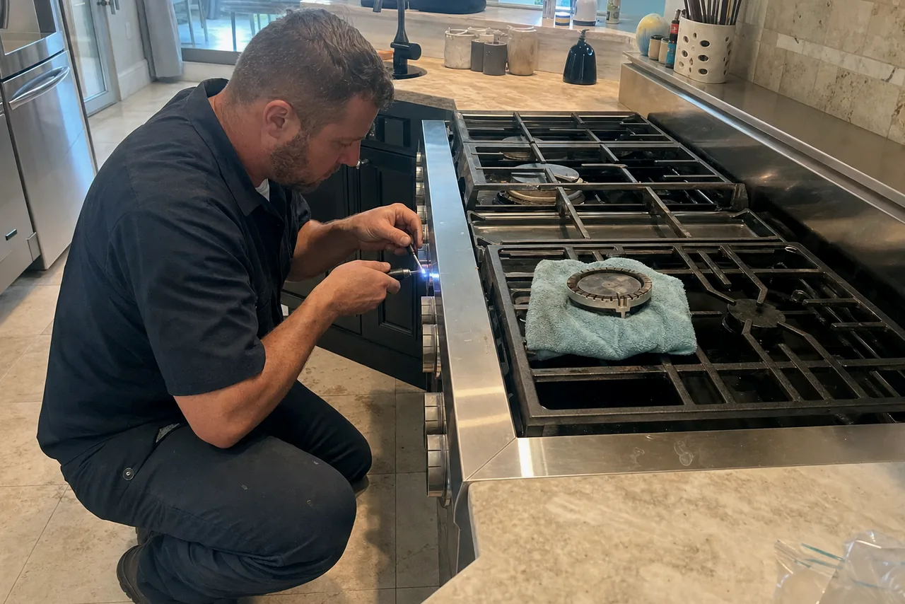 A stainless rangetop part-way through a service call, its cast-iron grates in place and the open-plan kitchen behind it