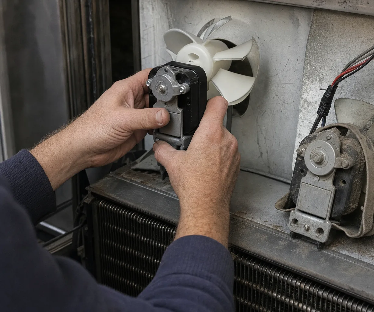 A new condenser fan motor in one hand and the worn motor it replaces mounted beside it, the condenser coil visible below both