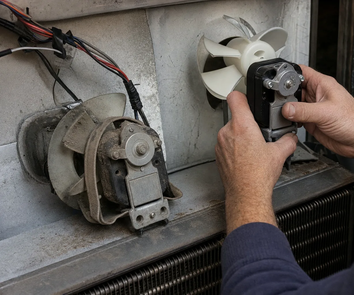 Two fan motors held together over an open condenser bay — the replacement clean and white-bladed, the original grey with service wear