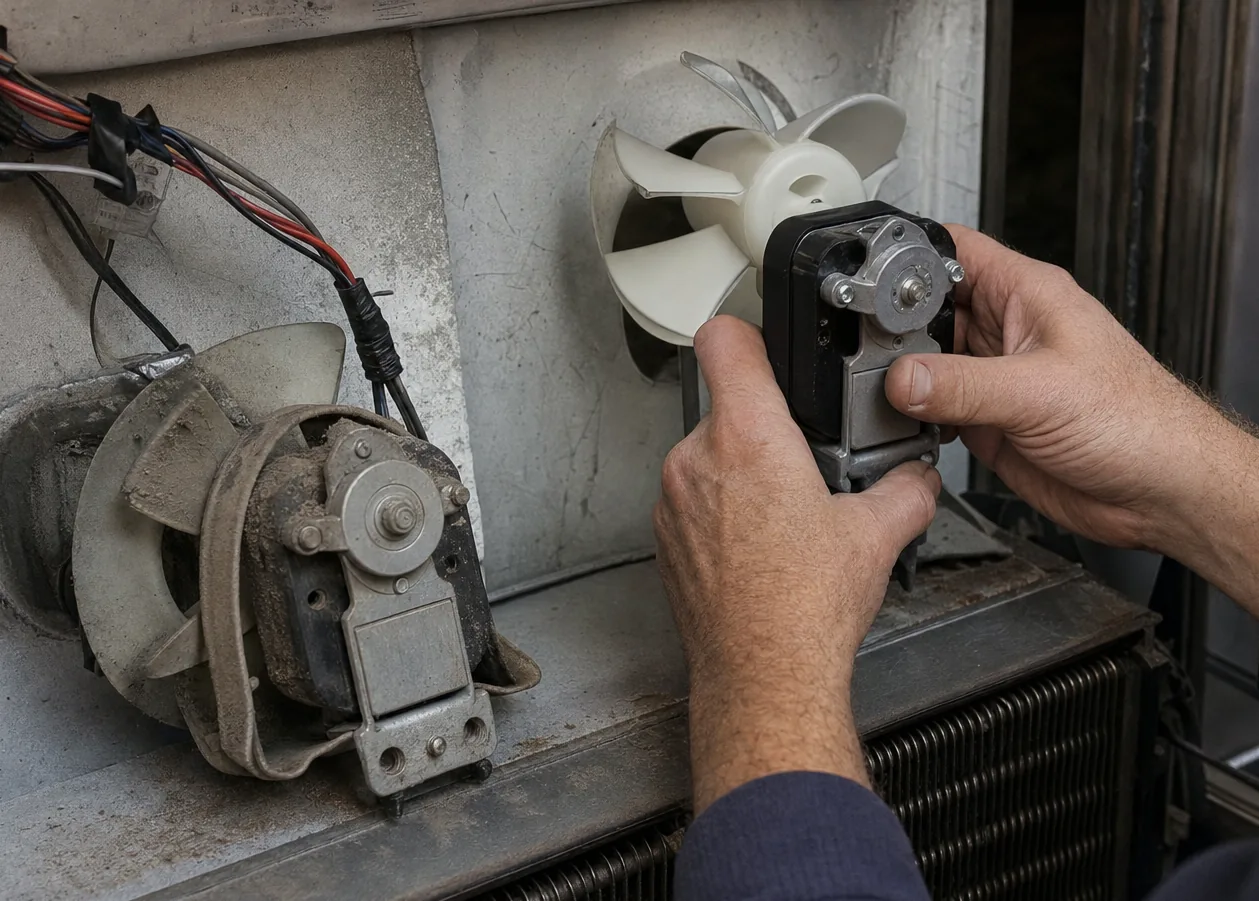 A new condenser fan motor held in position beside the worn unit it is replacing, both above an open coil pack